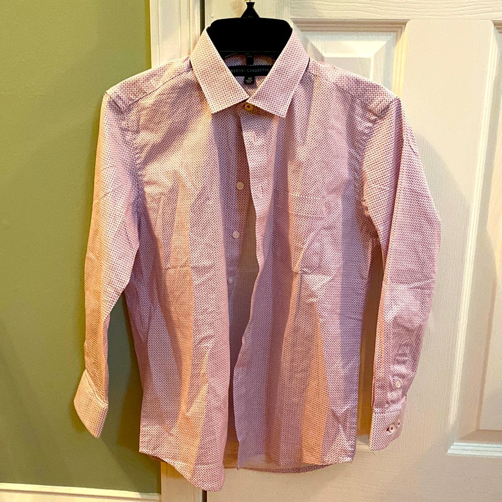 Button down dress shirt with red and blue pattern. Never worn !